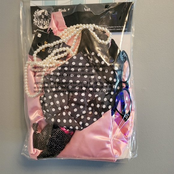 Spirit Halloween Pink Satin Jacket Costume Set w/ Scarf Glasses Pearls Sz L - Picture 2 of 4